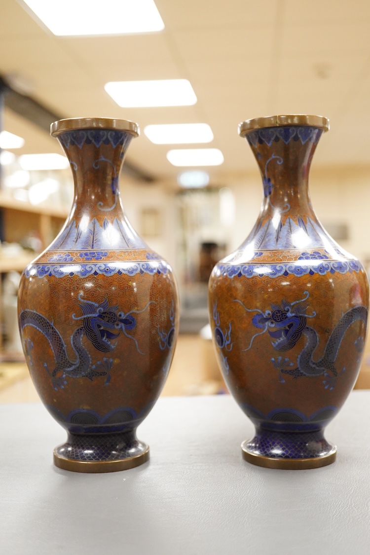 A pair of Chinese cloisonné enamel vases, 24.5cm high